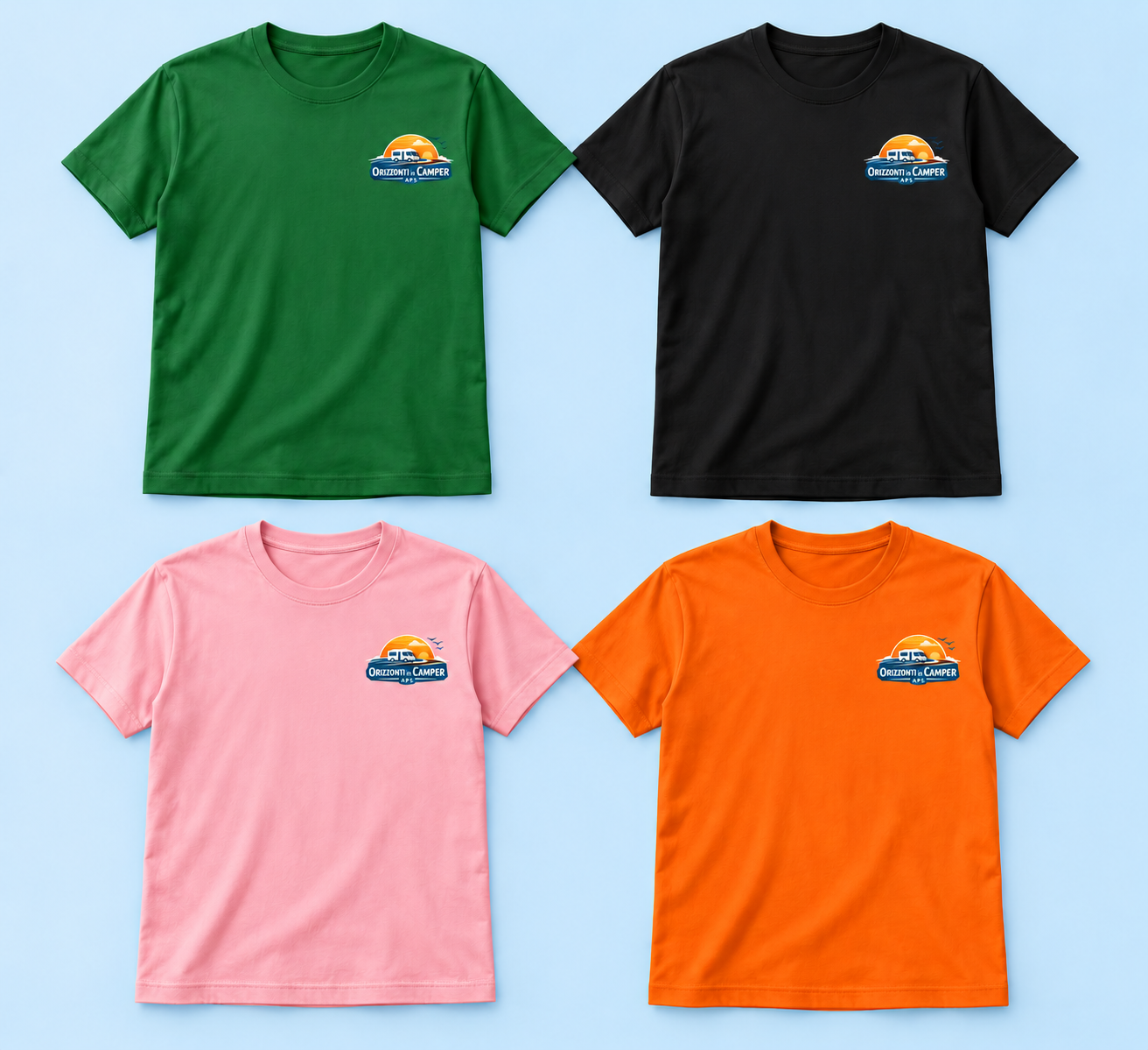 Mockup illustrativo delle T-shirt verde, nera, rosa e arancione